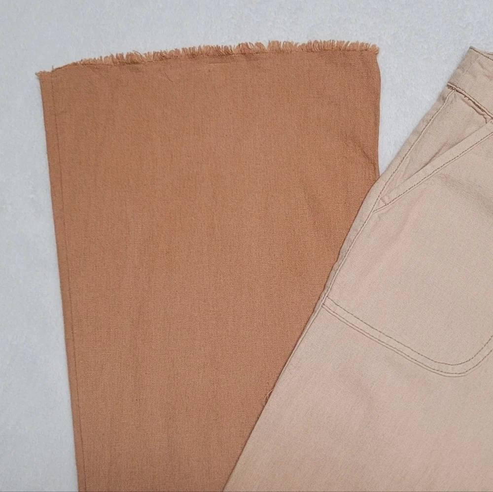 Rare Free People Beige Tan Ombre Linen Low Rise Raw Cut Bell Bottom Jeans